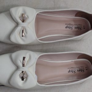 Star Step Cream Pleated Bow Ballet Flats with Rhinestone Detail