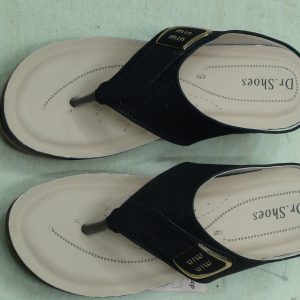 Dr. Shoes Black Textured Thong Wedge Sandals with Gold Buckle Accent