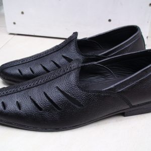 Men's Black Textured Leather Nagra Loafers with Side Cut-Outs
